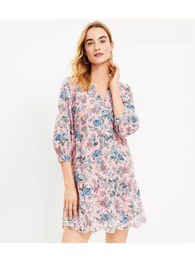 Loft Swing Shirtdress Size 10 Floral 3/4 Sleeve Embroidered Eyelet Bohemian Chic
